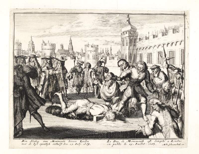 Den Hartog van Montmouts [sic] binnen Londen met de byl opentlyk onthalst den, 25. iuly, 1685 Le Duc de Mommouth [sic] est decapité a Londres en public le 25. iuillet, 1685.