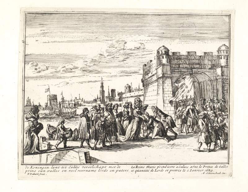 De Koningin lant tot Calais verselschapt met de prins van Walles en veel voorname lords en paters La reine Marie prend terre a Calais avec le prince de Galles et quantité de lords et pretres  le i Ianvier 1689.