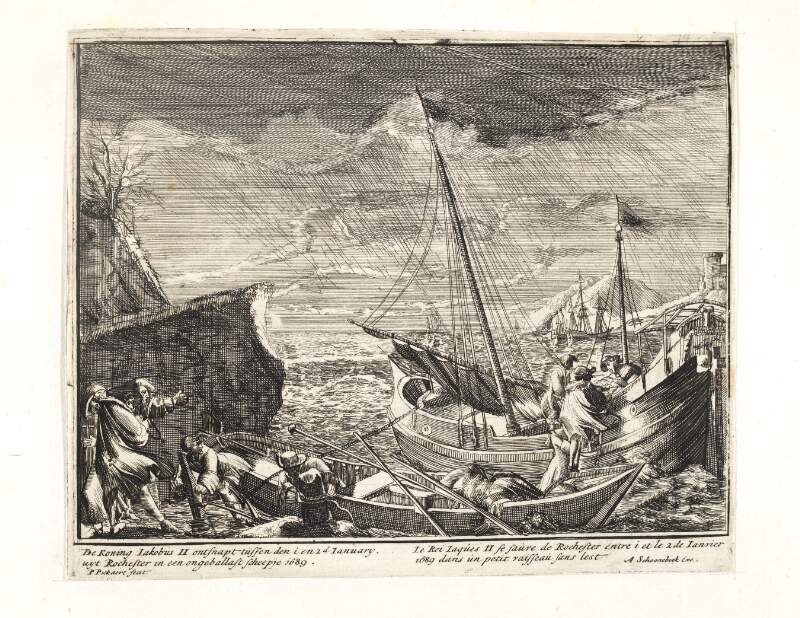 De Koning Iakobus II ontsnapt tussen den i en 2d. ianuary uyt Rochester in een ongeballast scheepje 1689 Le roi Iaques II se sauve de Rochester entre i et le 2 de ianvier 1689 dans un petit vaisseau sans lest.