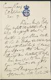 Letter from Edward, Prince of Saxe-Weimar, to "Miss Foley", informing her that he is at the Curragh,